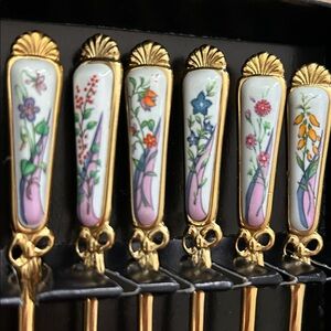 Vintage In Original Boxes Flower Enamel Gold Spoons and Forks set